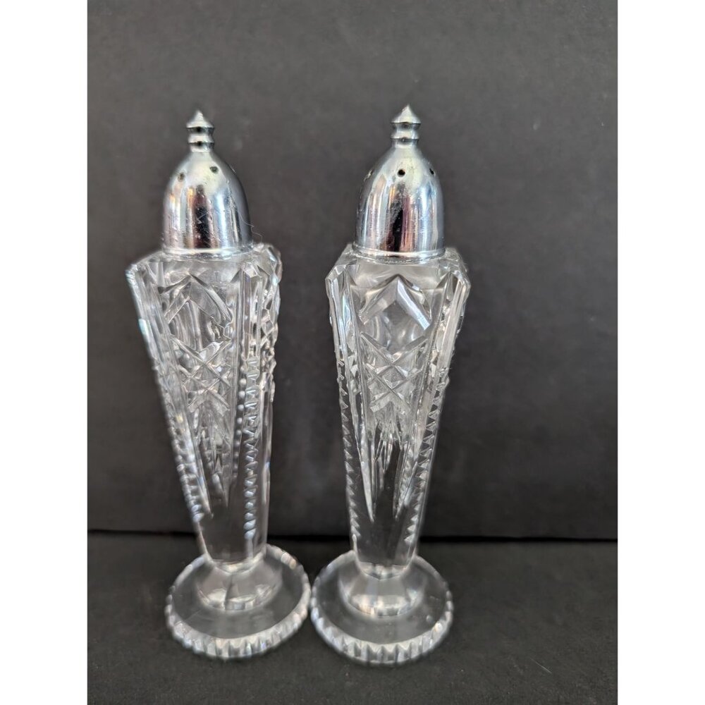 Vintage Crystal Salt & Pepper Shakers With Silver Tone Lids